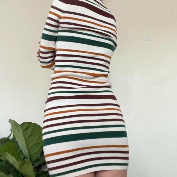 Forever 21 Womens Striped Sweater Dress Long Sleeve Crew Neck White Brown Size L - Picture 2 of 9